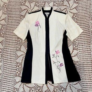 Vintage DJ Summers 1980s Floral Contrast Asian Style Button Down Blouse Women 8